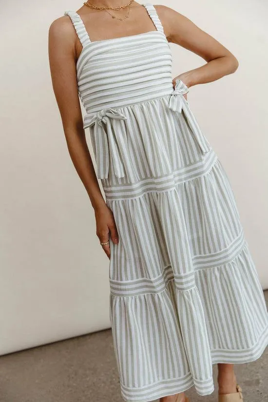 Bohme Caroline Striped Midi Dress Olive Women Dresses