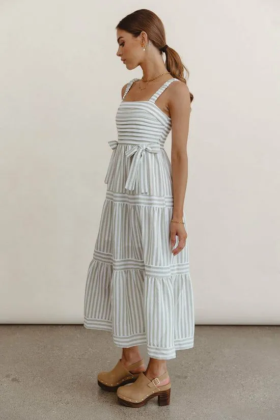 Bohme Caroline Striped Midi Dress Olive Women Dresses