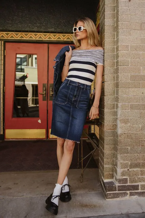 Bohme Deidre Bardot Top Navy Women Tees and Tanks