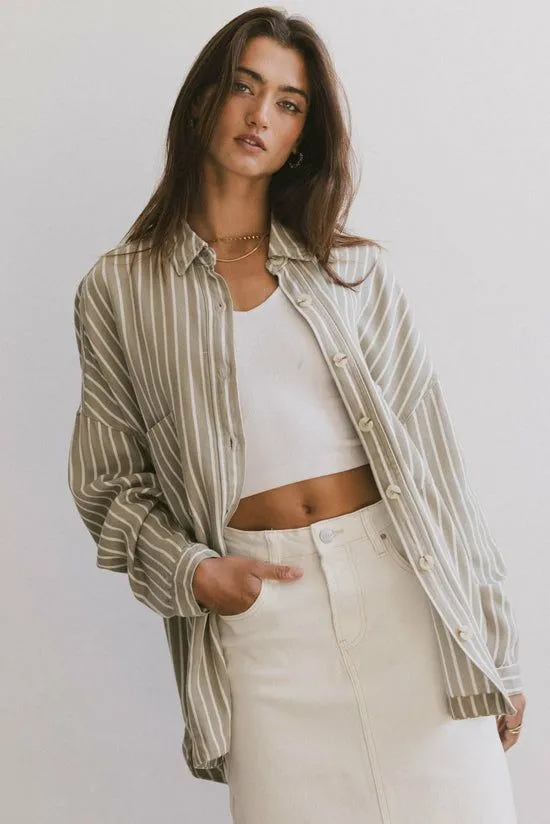 Bohme Ezti Striped Button Up Olive Women Tops