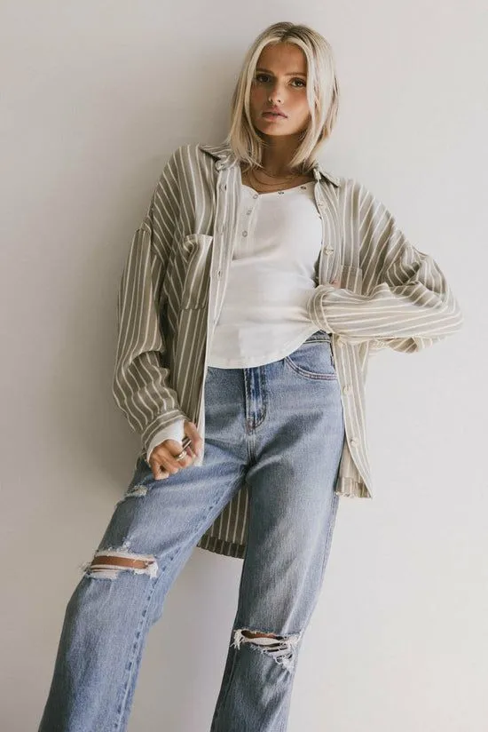 Bohme Ezti Striped Button Up Olive Women Tops
