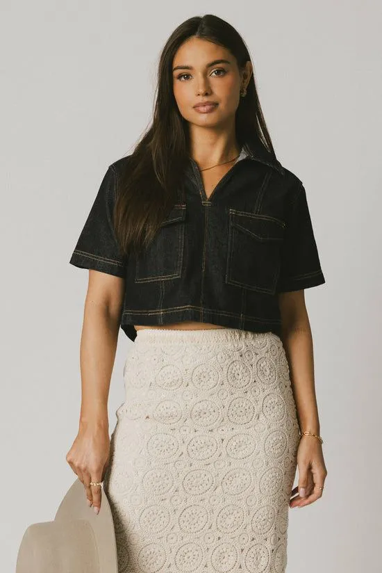 Bohme Farris Denim Collared Top In Dark Wash Dark Wash Women Tops