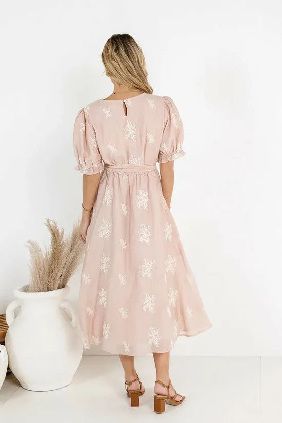 Bohme Gloria Embroidered Midi Dress Blush Women Dresses