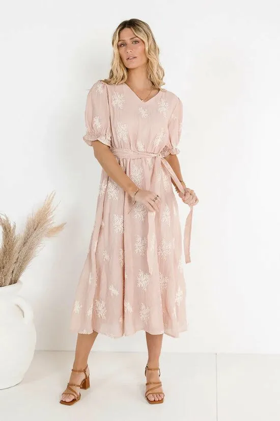 Bohme Gloria Embroidered Midi Dress Blush Women Dresses