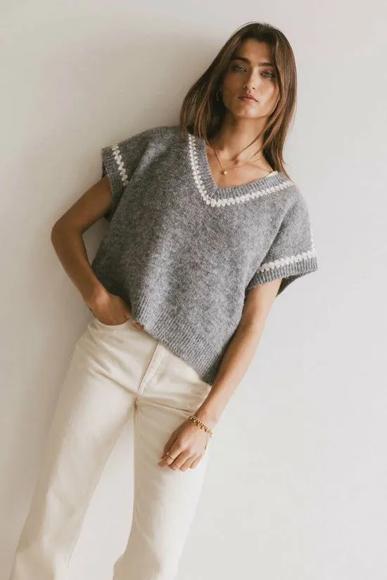 Bohme Hazel Embroidered Sweater Top In Grey Grey Women Sweaters