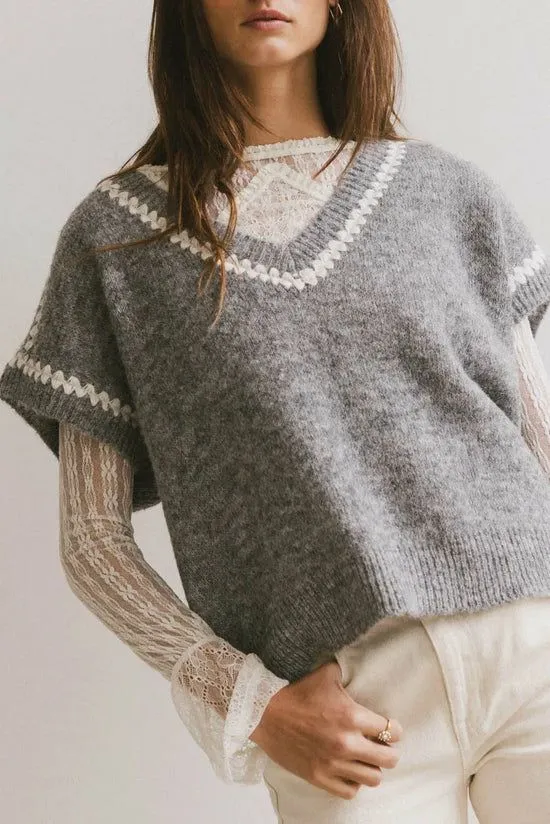 Bohme Hazel Embroidered Sweater Top In Grey Grey Women Sweaters