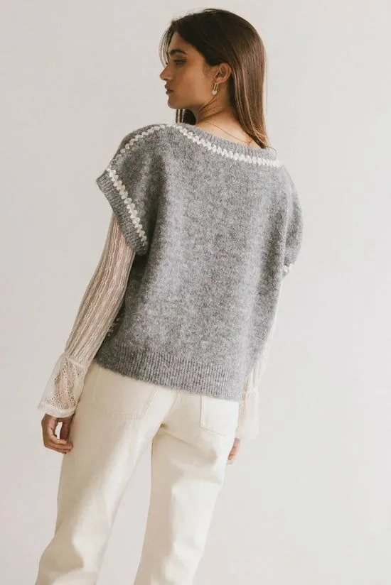 Bohme Hazel Embroidered Sweater Top In Grey Grey Women Sweaters
