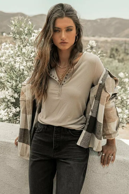 Bohme Ivanna Henley Top In Taupe Taupe Women Tees and Tanks