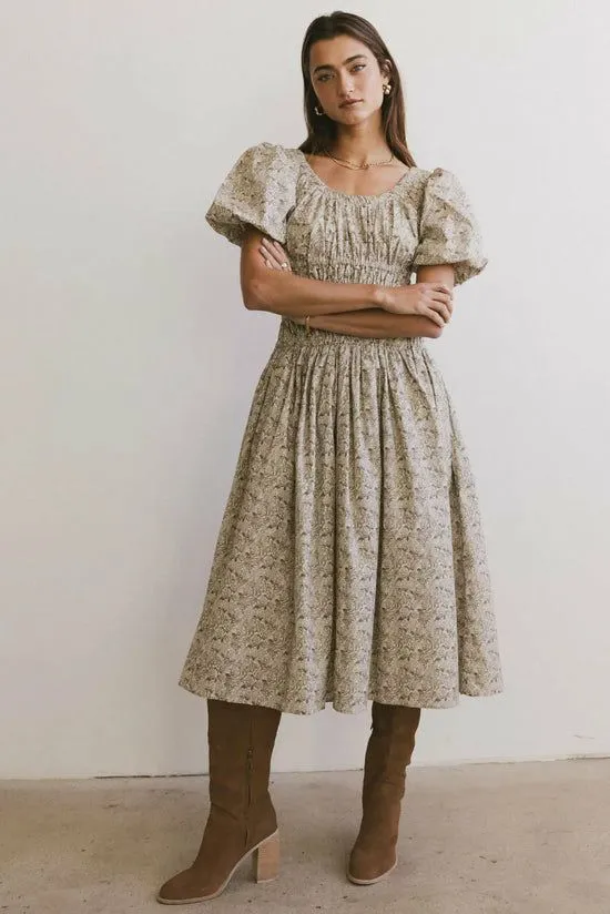 Bohme Lucille Smocked Floral Dress In Olive Olive Women Dresses