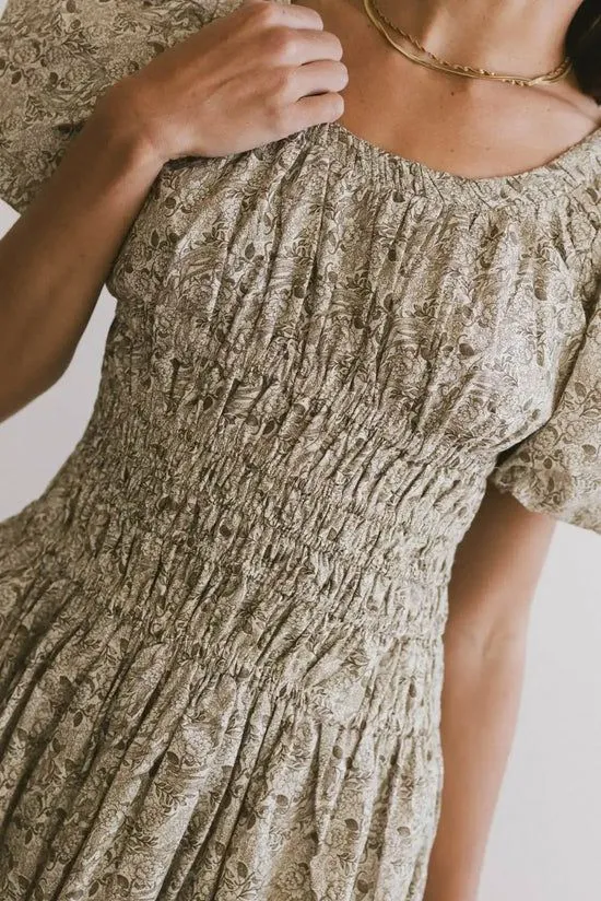 Bohme Lucille Smocked Floral Dress In Olive Olive Women Dresses