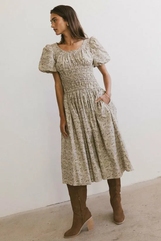 Bohme Lucille Smocked Floral Dress In Olive Olive Women Dresses