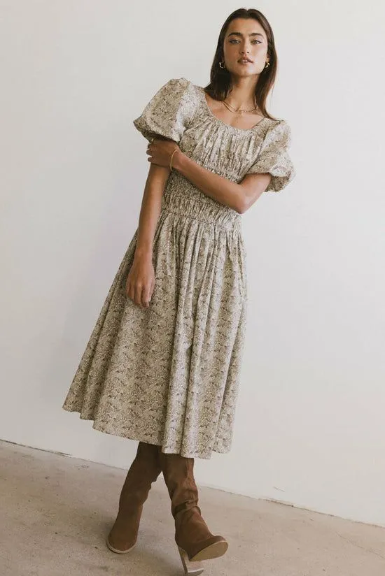 Bohme Lucille Smocked Floral Dress In Olive Olive Women Dresses