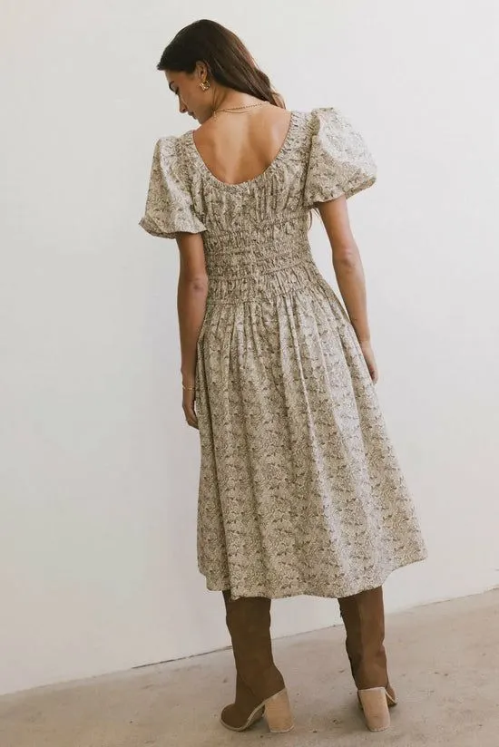 Bohme Lucille Smocked Floral Dress In Olive Olive Women Dresses