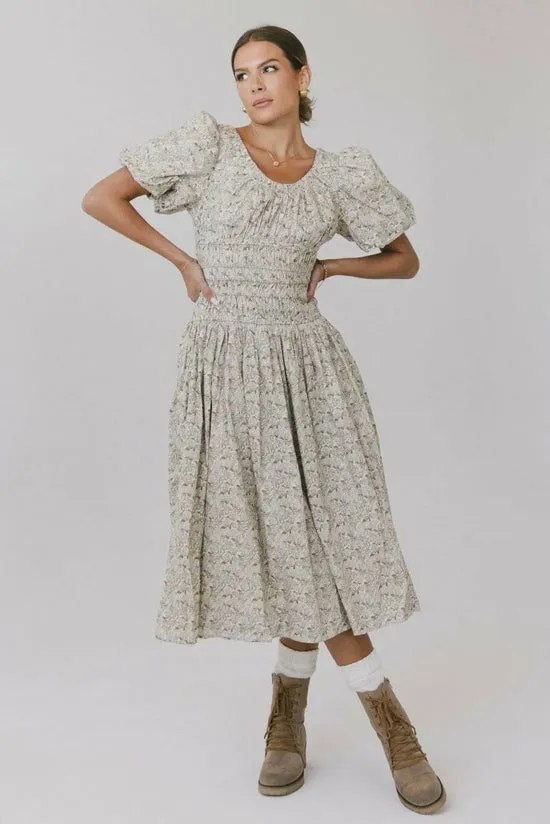 Bohme Lucille Smocked Floral Dress In Olive Olive Women Dresses