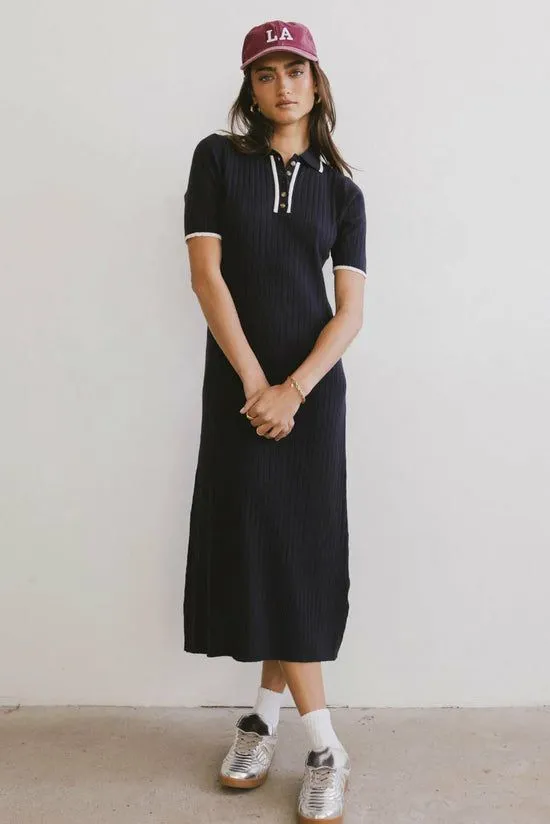 Bohme Posie Ribbed Knit Midi Dress Navy Women Dresses
