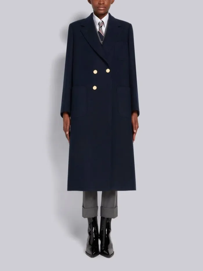 Boiled Wool Oversized Doublebreasted Sack Overcoat Navy Women Thom Browne Outerwear Boiled Wool Oversized Doublebreasted Sack Overcoat Navy Women Thom Browne Outerwear