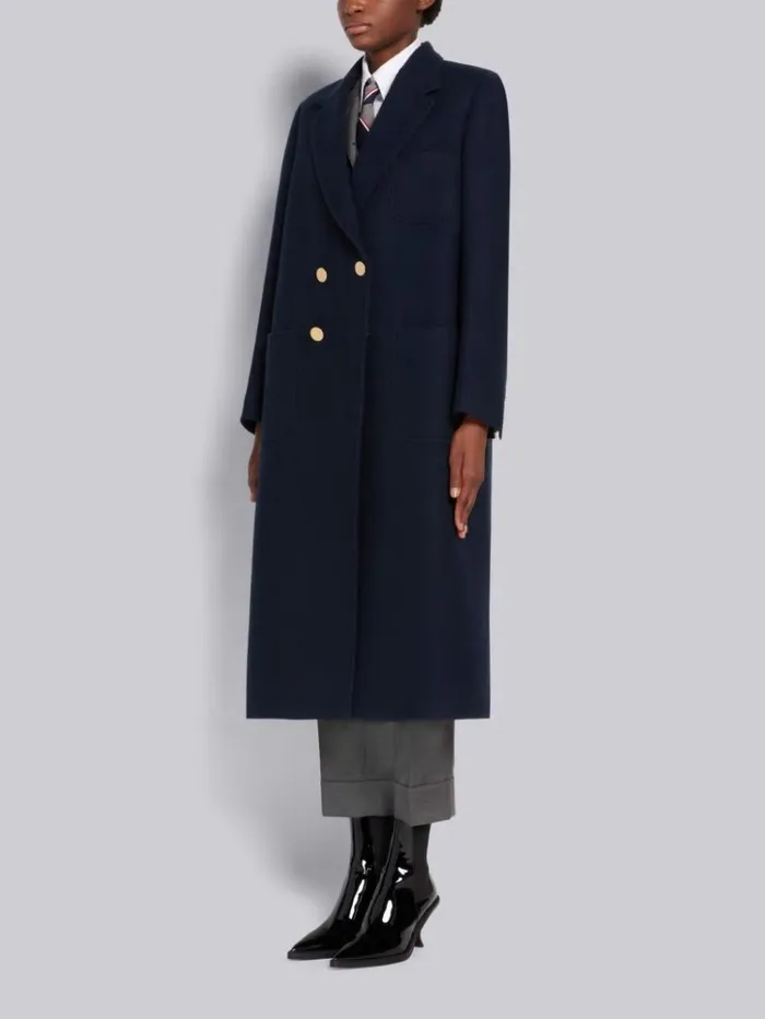 Boiled Wool Oversized Doublebreasted Sack Overcoat Navy Women Thom Browne Outerwear