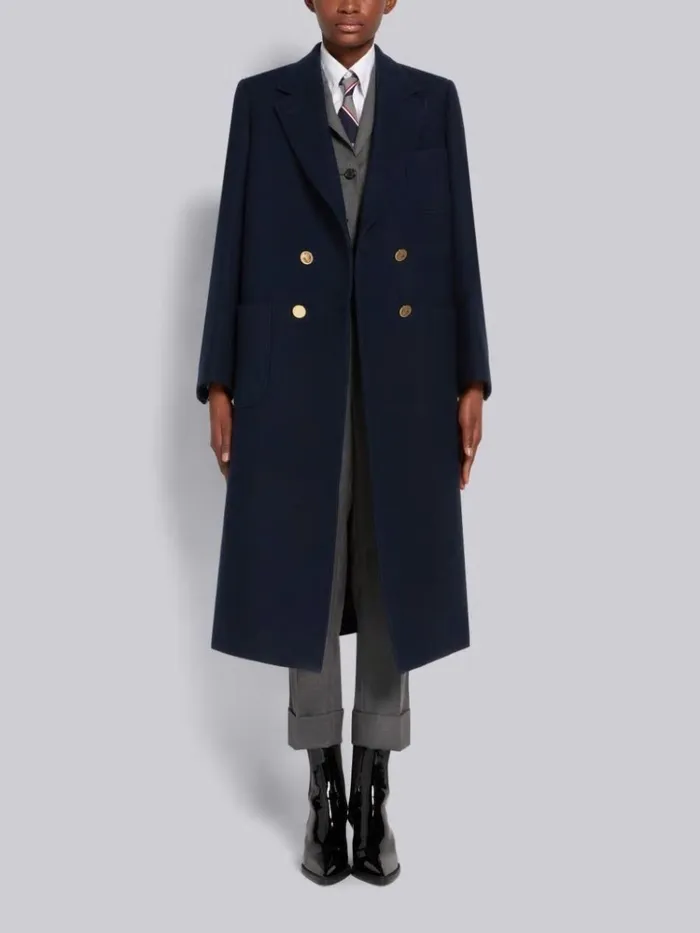 Boiled Wool Oversized Doublebreasted Sack Overcoat Navy Women Thom Browne Outerwear