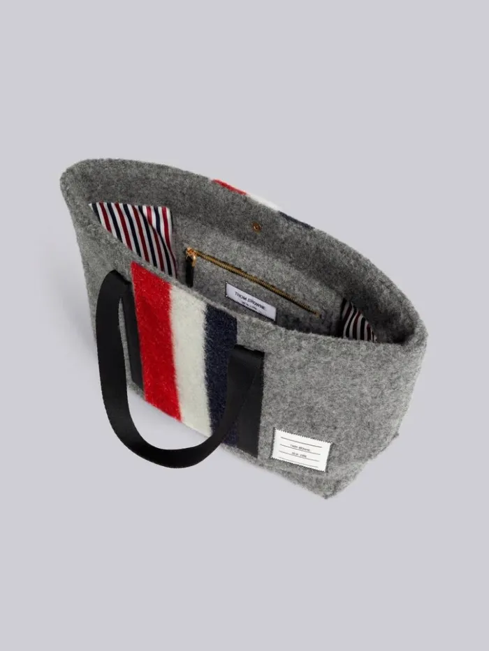 Boiled Wool Stripe Webbing Strap Small Zippered Tool Tote Medium Grey WomenMen Thom Browne Handbags and Totes