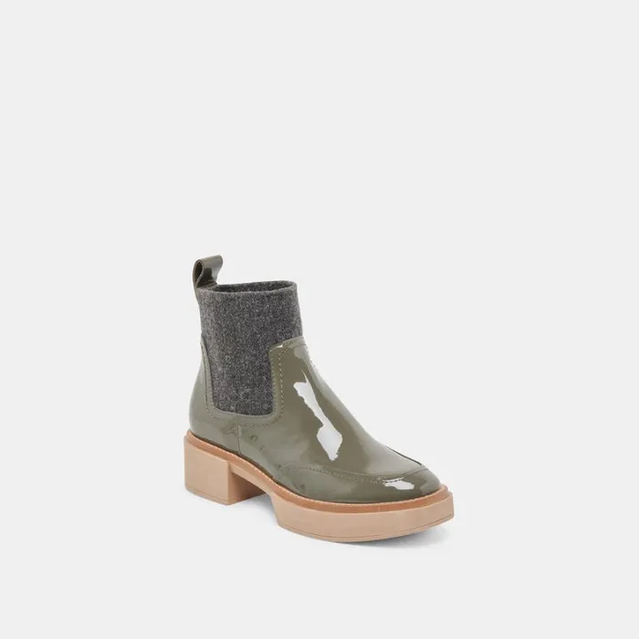 Boots and Booties Women Dolce Vita Saline H2O Wide Booties Dark Olive Crinkle Patent