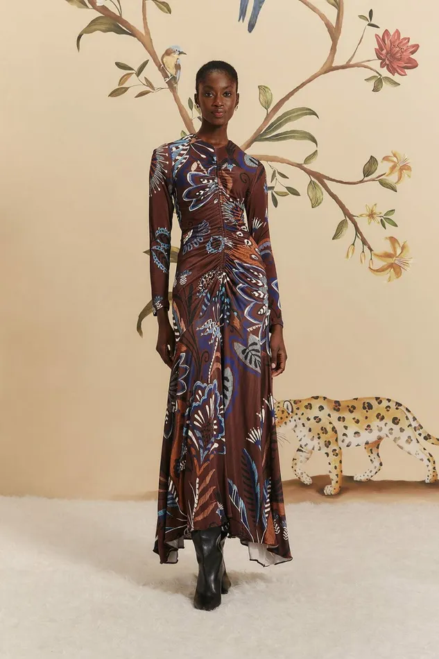 Brown Delicate Garden Long Sleeve Maxi Dress Women FARM Rio Maxi Dresses