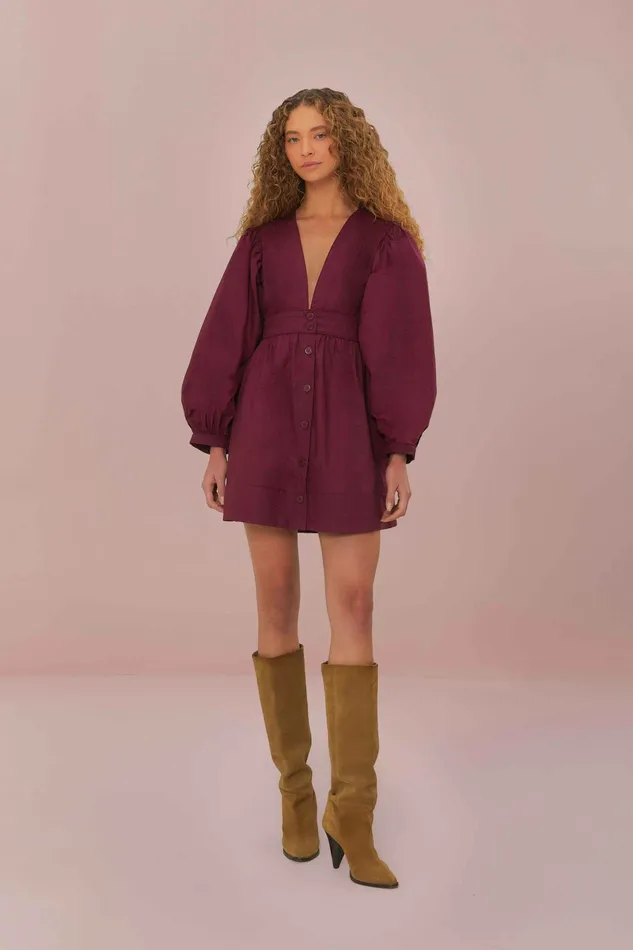 Burgundy Puff Sleeve Mini Dress Women FARM Rio Mini Dresses