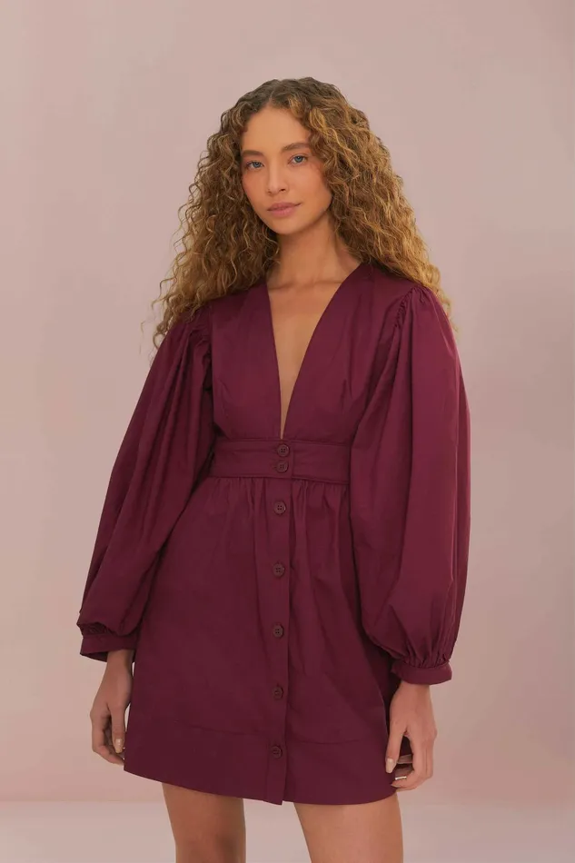 Burgundy Puff Sleeve Mini Dress Women FARM Rio Mini Dresses Burgundy Puff Sleeve Mini Dress Women FARM Rio Mini Dresses