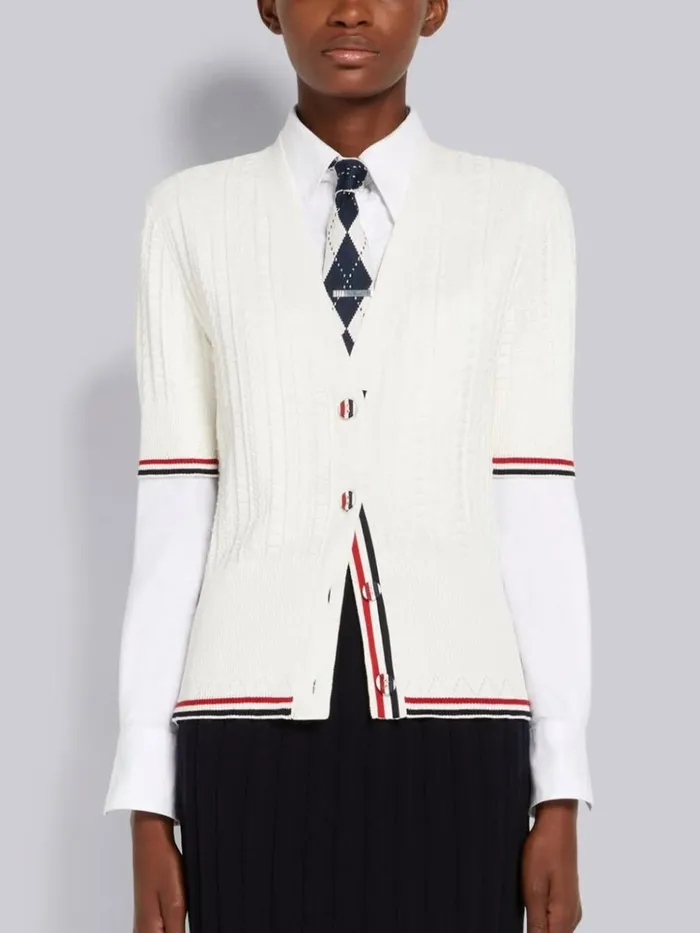 Cable Texture Overtwisted Cotton Stripe Framing And Button Short Sleeve Cardigan White Women Thom Browne Knitwear Cable Texture Overtwisted Cotton Stripe Framing And Button Short Sleeve Cardigan White Women Thom Browne Knitwear