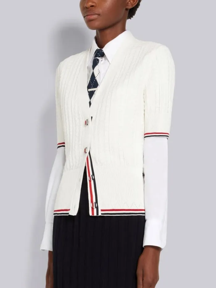 Cable Texture Overtwisted Cotton Stripe Framing And Button Short Sleeve Cardigan White Women Thom Browne Knitwear