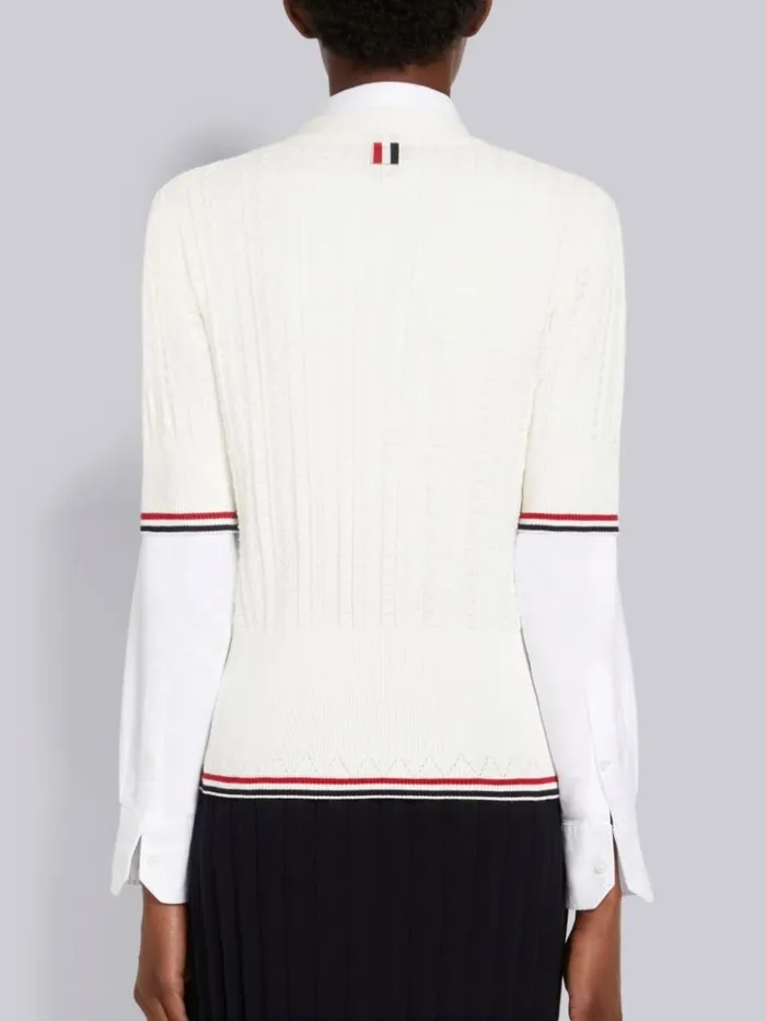 Cable Texture Overtwisted Cotton Stripe Framing And Button Short Sleeve Cardigan White Women Thom Browne Knitwear