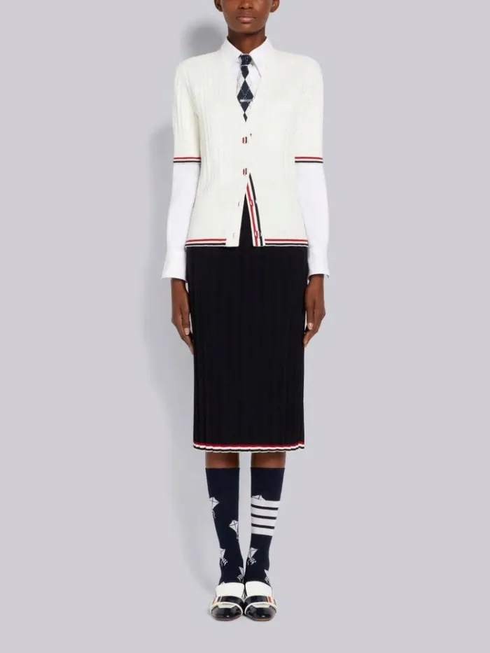 Cable Texture Overtwisted Cotton Stripe Framing And Button Short Sleeve Cardigan White Women Thom Browne Knitwear