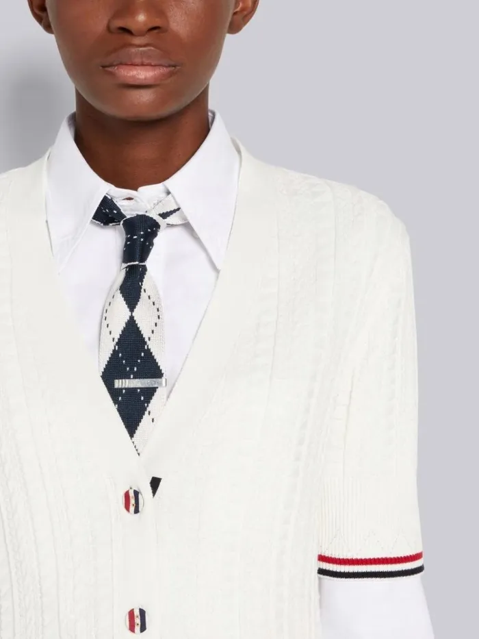 Cable Texture Overtwisted Cotton Stripe Framing And Button Short Sleeve Cardigan White Women Thom Browne Knitwear