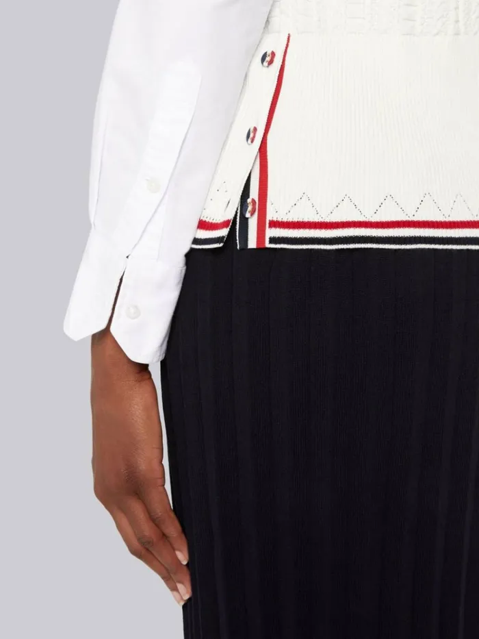 Cable Texture Overtwisted Cotton Stripe Framing And Button Short Sleeve Cardigan White Women Thom Browne Knitwear
