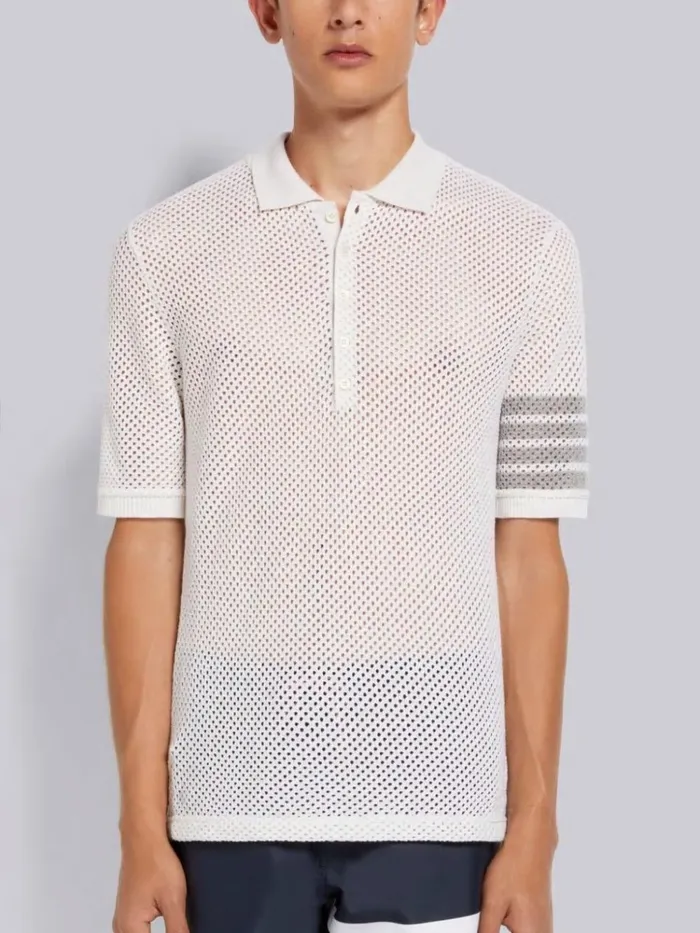 Cashmere Mesh 4bar Polo White Men Thom Browne Tshirts and Polos