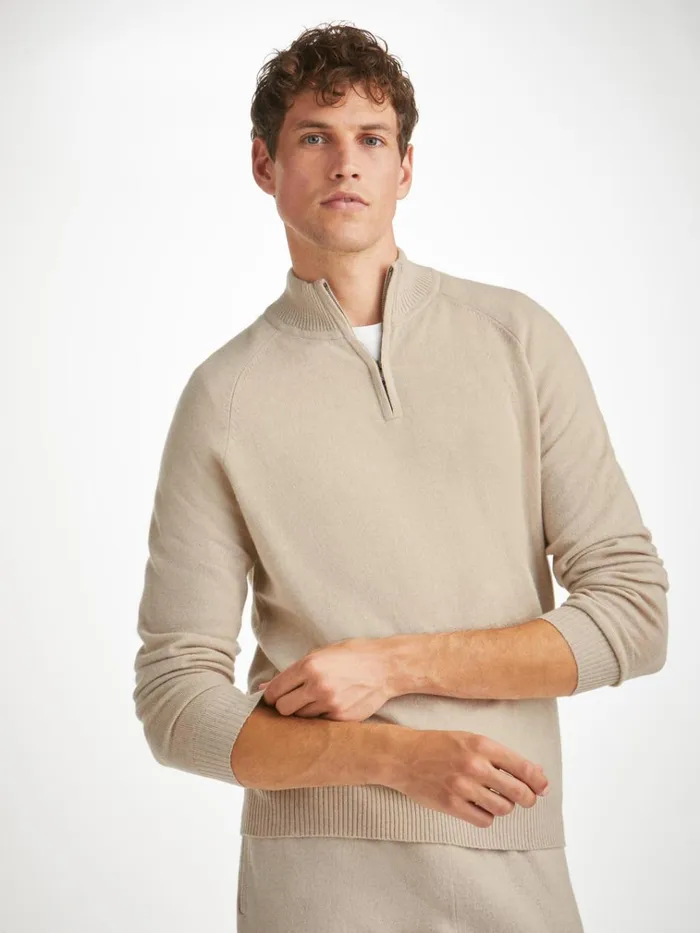 Cashmere ZipUp Tops Men Derek Rose HalfZip Sweater Finley Cashmere Oat