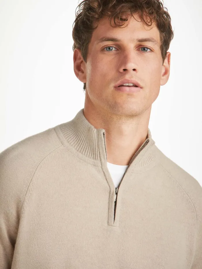 Cashmere ZipUp Tops Men Derek Rose HalfZip Sweater Finley Cashmere Oat