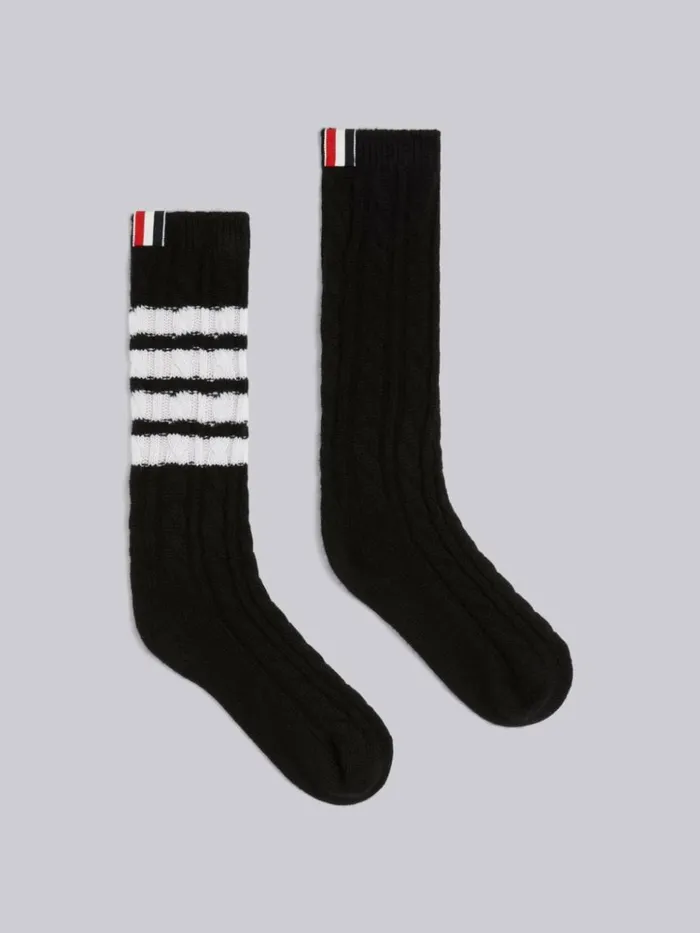 Chunky Baby Cable Cashmere 4bar Mid Calf Socks Black Men Thom Browne Socks