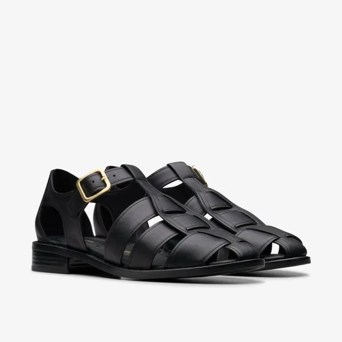 Clarks Hana Sun Black Leather Strappy Sandals Black Leather Women Flat Sandals