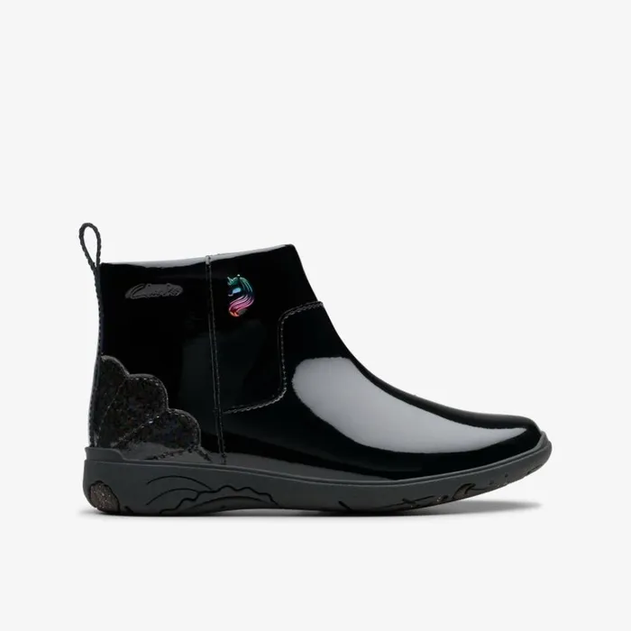 Clarks Relda Glow Kid Black Ankle Boots Black Kids School Shoes
