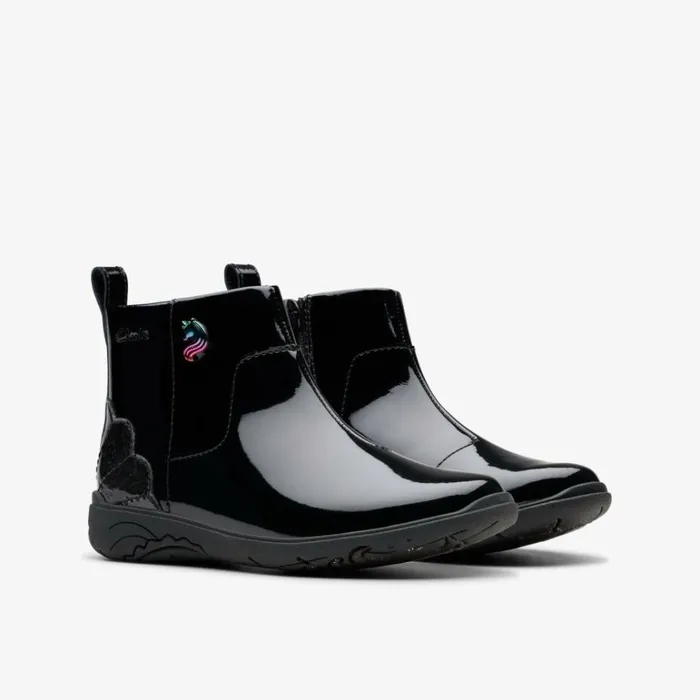 Clarks Relda Glow Kid Black Ankle Boots Black Kids School Shoes