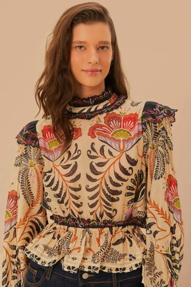 Classic Nature Sand Ruffled Long Sleeve Blouse Women FARM Rio Blouses Classic Nature Sand Ruffled Long Sleeve Blouse Women FARM Rio Blouses