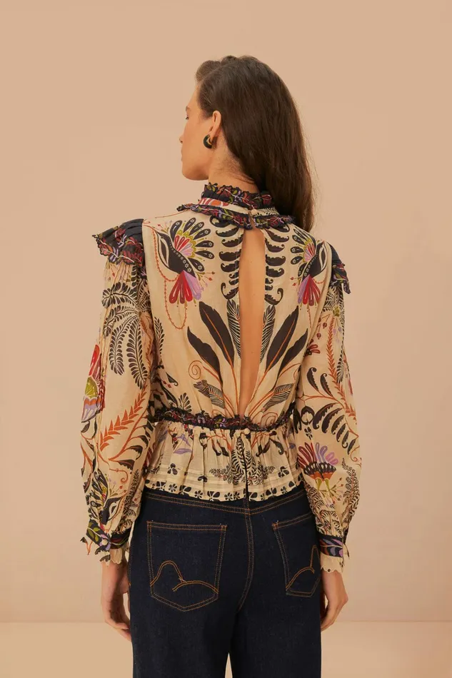 Classic Nature Sand Ruffled Long Sleeve Blouse Women FARM Rio Blouses Classic Nature Sand Ruffled Long Sleeve Blouse Women FARM Rio Blouses