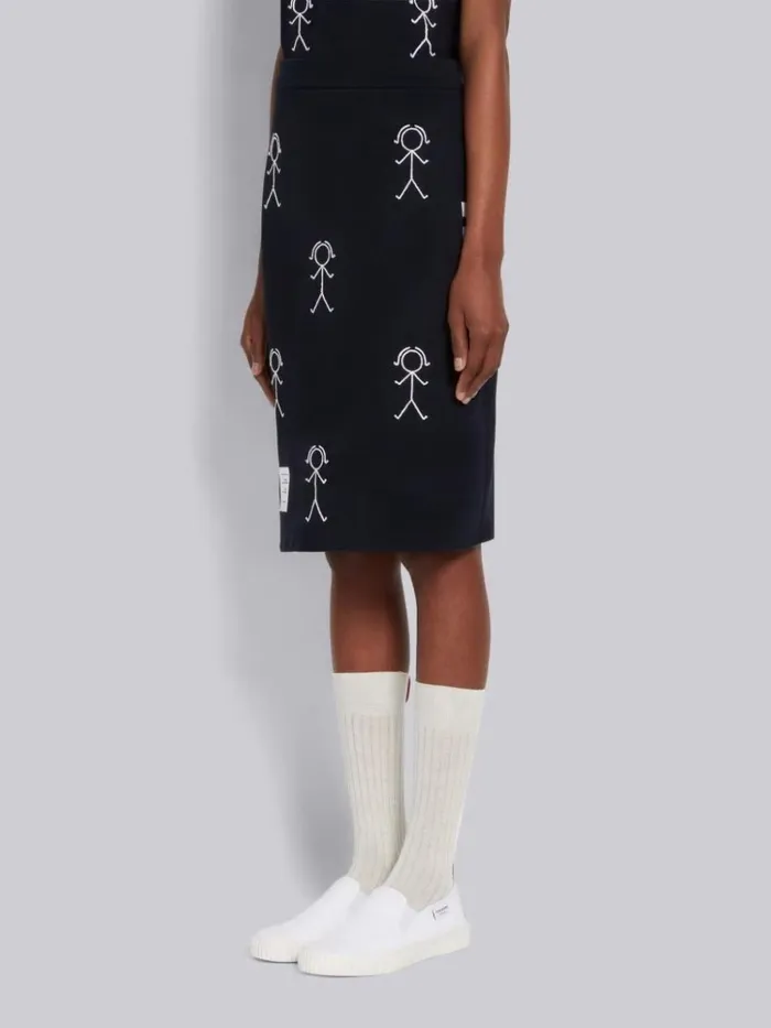 Classic Pique Chain Stitch 4bar and Mrs Thom Embroidery Knee Length Skirt Navy Women Thom Browne Skirts