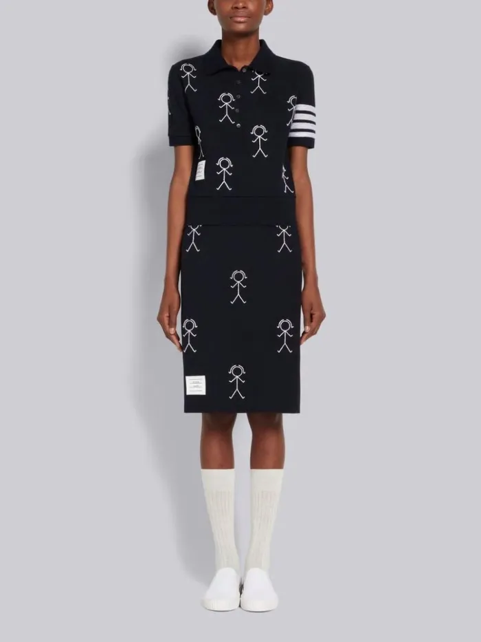 Classic Pique Chain Stitch 4bar and Mrs Thom Embroidery Knee Length Skirt Navy Women Thom Browne Skirts