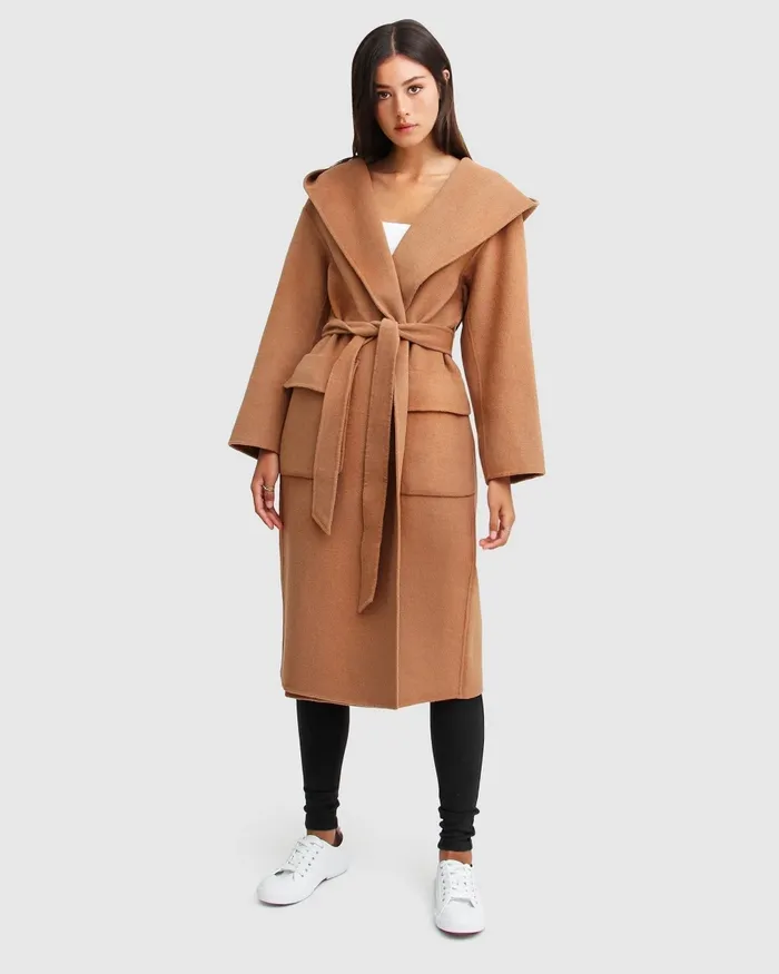 Coats and Jackets Runaway Wool Blend Robe Coat 8211 Dark Camel Belle and Bloom Women
