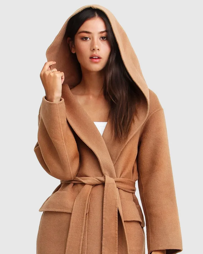 Coats and Jackets Runaway Wool Blend Robe Coat 8211 Dark Camel Belle and Bloom Women