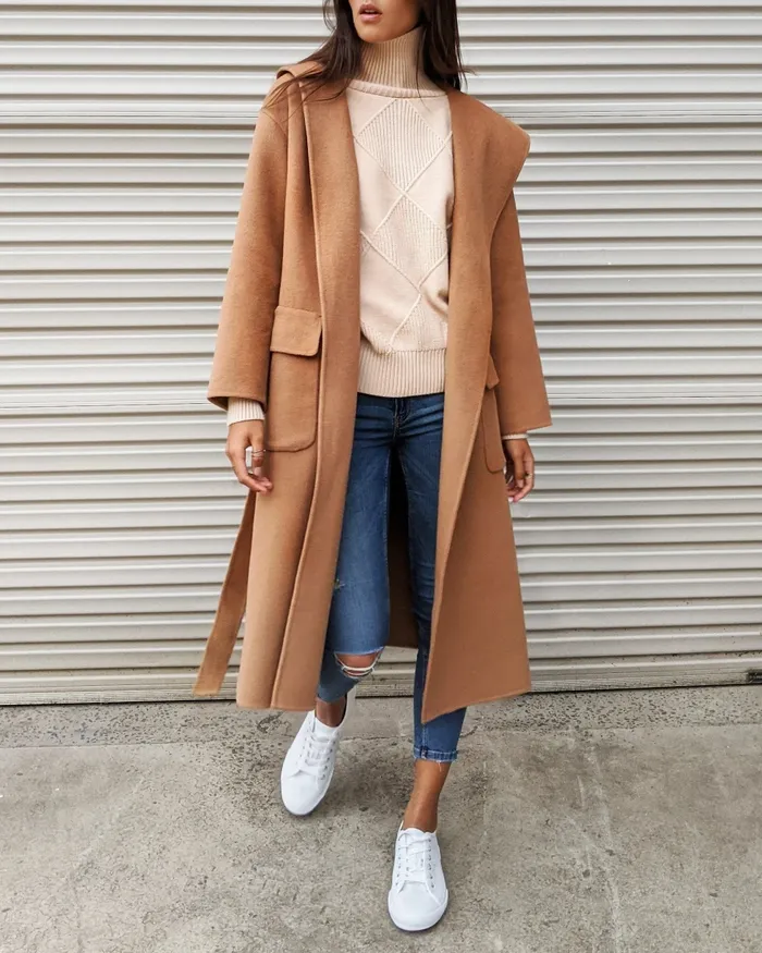 Coats and Jackets Runaway Wool Blend Robe Coat 8211 Dark Camel Belle and Bloom Women