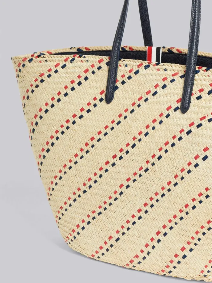Color Tk Raffia Stripe Embroidery Leather Handle Large Basket Tote Women Thom Browne Handbags and Totes