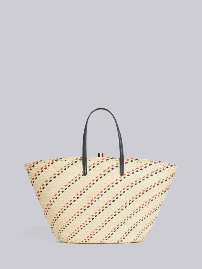 Color Tk Raffia Stripe Embroidery Leather Handle Large Basket Tote Women Thom Browne Handbags and Totes