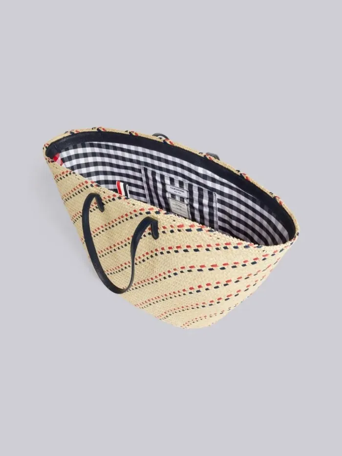 Color Tk Raffia Stripe Embroidery Leather Handle Large Basket Tote Women Thom Browne Handbags and Totes